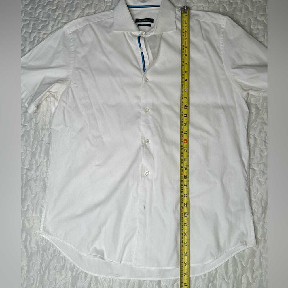 Bugatchi White Short-Sleeve Button-Up Shirt Shaped Fit 100% Cotton Luxury Size L - Picture 10 of 10